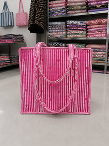 Lady Vintage Bohemian for Striped <b>Canvas</b> <b>Tote</b> Bag with Heart Print Zipper Closure Preppy Style All Seasons Shopping Bag - Product Image 3
