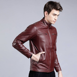 Blouson de motard en cuir et toile pour homme, style classique, col rabattable zippé, manches longues, vêtement d'extérieur décontracté et tendance - Product Image 4