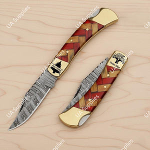 Cuchillos Plegables EDC de Acero de Damasco de Alta Calidad, Forjados, con Hoja de 3.5 Pulgadas, Mango de Madera y Latón, para Campamento y Actividades al Aire Libre, con Funda de Cuero, OEM/ODM - Product Image 4