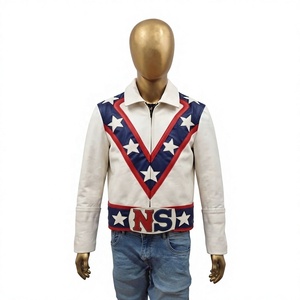 Nabtay Sports Unisex Slim Fit Genuine Leather Bomber <b>Jacket</b> White Blue Red <b>Stars</b> NS Logo Zipper Closure Quick Dry Autumn Wear - Product Image 1
