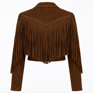 Chaleco de cuero marrón para mujer con flecos y cuello con muescas, estilo bohemio, corto. - Product Image 6