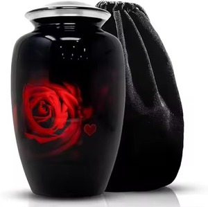 Urna Funeraria de Metal Negra con Diseño de Rosa Roja Real, Contenedor de Almacenamiento para Funerales, Urna Clásica de Aluminio con Flores y Bolsa de Terciopelo - Product Image 1