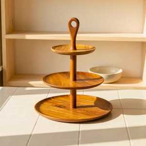 Customized Round Wooden Dessert Storage Tray Minimalist Design Eco Friendly Kitchen Organizer Three Tier Tableware UO INDIA - Product Image 1