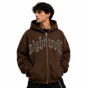 Sweat-shirt à capuche zippé personnalisé marron avec strass pour hommes et femmes, style streetwear oversize, sweat-shirt graphique en cristal, fabricant de sweats à capuche tendance - Product Image 1