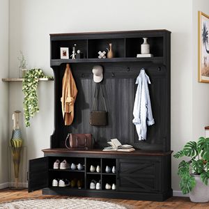 Mobile ingresso 3-in-1 in finto legno nero con appendiabiti a parete, panca e scarpiera: funzionale ed elegante - Product Image 2