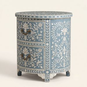 Mesita de Noche Redonda Azul Claro de Lujo con 2 Cajones, Mesita de Noche con Incrustaciones Florales Hechas a Mano, Muebles Vintage para Dormitorio - Product Image 4