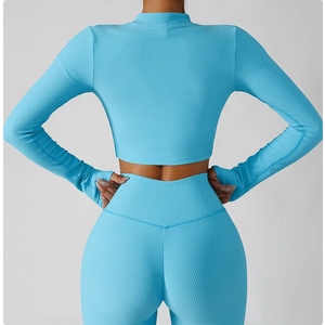Leggings de sport pour femmes, veste de yoga avec fermeture éclair, haut court côtelé pour l'entraînement, ensemble short de yoga, respirant, léger, à carreaux - Product Image 3