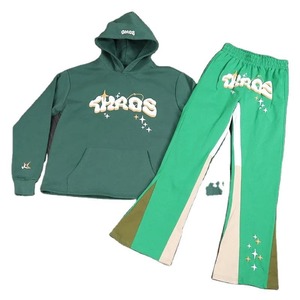 พัฟพิมพ์โลโก้ที่กําหนดเองที่มีความยืดหยุ่น Flare เหงื่อสูท 100 ผ้าฝ้ายดิบ Hem Flared เหงื่อกางเกงผู้ชายกางเกงขายาวและHoodie ชุด - Product Image 2