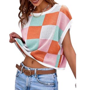 Womens Cap Sleeve Crop <b>Tops</b> Summer Color Block Going Out Crew Neck Knit Trendy Casual Sweater - Product Image 2