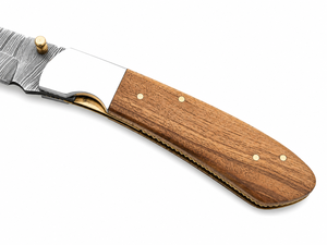 Cuchillo plegable con bloqueo Liner Lock de acero de Damasco, mango de madera y funda de cuero, hoja de punta caída, cuchillo de caza, calidad DIY - Product Image 3