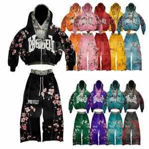 OEM ODM Personnalisé Hiver Imprimé Floral 100% Coton Streetwear Respirant Double Couche Sweat à Capuche Pantalon de Survêtement Ensembles de Survêtements - Product Image 1
