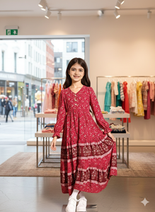 Robe longue à volants pour femme Vintage Rose Garden - Robe élégante en georgette rouge respirante et légère, longueur au sol, manches mi-longues - Product Image 2