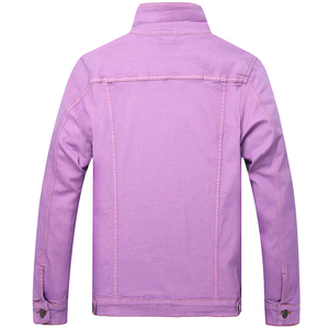Men's Pink Denim Jacket <b>Stand</b> Collar Casual Cotton Slim Fit Spring Washed Single Breasted Regular Sleeve Solid Color - Product Image 5