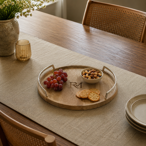 Luxury Round Wooden Serving Tray with Metal Handles | Premium Decorative Coffee <b>Table</b> Tray for Home Hotel Restaurant Serving Use - Product Image 4