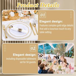 Set di Stoviglie in Plastica Bianca e Oro 350 Pezzi, Include 50 Piatti Fondi, 50 Piattini, 50 Bicchieri per Feste e Decorazioni da Tavola - Product Image 2