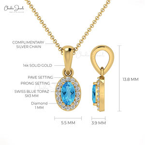 Colgante de Topacio Azul Suizo Genuino de 5x3mm en Oro Sólido de 14k con Diamantes Blancos I1-I2, Joyería para Mujer, Proveedor Mayorista Directo - Product Image 4