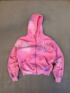 Sweat-shirt à capuche zippé sur mesure de haute qualité, style streetwear, avec effet délavé par pulvérisation, trous et clous décoratifs - Product Image 3
