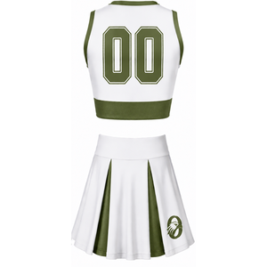 Ensemble d'uniformes de cheerleading sublimés blanc et vert olive, sans manches, haut et jupe, tenue de sport pour l'entraînement et la performance - Product Image 2
