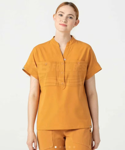 เสื้อสครับคอวีสีเหลืองมัสตาร์ดสำหรับผู้หญิง มีกระเป๋า ผ้าคอตตอนผสม ทอแบบเนื้อผ้าทั่วไป เสื้อคลุมยูนิฟอร์มโรงพยาบาล FONILBEST SPORTS WEARS ยี่ห้อ Needle - Product Image 4
