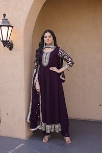 TENNECY Women's Fancy Design Anarkali Gown-Pant Dupatta Set Faux Blooming Embroidery Zari <b>Sequins</b>-work Quick Dry Wrinkle Free - Product Image 4