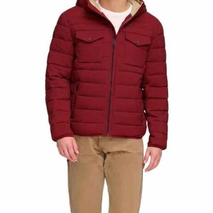 Men's <b>Red</b> Hooded Zipper Closure Pockets Puffer <b>Jacket</b> Canvas Front Custom Design Casual Winter <b>Jacket</b> <b>Waterproof</b> Windproof - Product Image 1