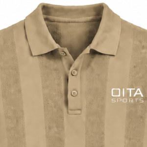 Beige <b>Mens</b> <b>Long</b> <b>Sleeve</b> Knitted <b>Polo</b> <b>Shirt</b> Textured Vertical Stripe Design Ribbed Hem Collar Smart Casual Premium Fashion Top - Product Image 3