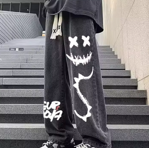 Men s Black Harem Pants Printed Cross Logo Loose Fit Midweight Cotton Denim Autumn Style <b>Hip</b> Hop Front Design - Product Image 4