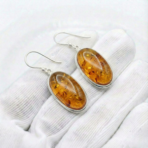 Boucles d'oreilles pendantes ovales en argent sterling 925 massif, serties d'ambre fait main et de pierres précieuses - Product Image 1