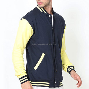 Men's Navy Yellow Color Block Varsity <b>Jacket</b> Regular Fit Button Closure Casual Wear Cotton <b>Fleece</b> <b>Lined</b> <b>Jacket</b> - Product Image 2
