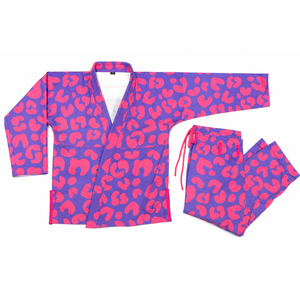 <b>Purple</b> Brazilian Jiu Jitsu MMA <b>Kimonos</b> Style Featuring Vibrant Pink Leopard Animal Print Unisex Adults 100% Cotton Silk Screen - Product Image 1