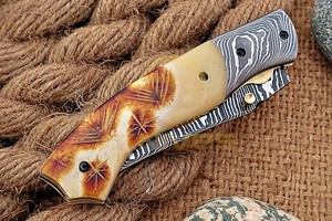 Damascus Steel Drop Point Folding <b>Knife</b> With <b>Bone</b> <b>Handle</b> And Thumb Knob Pocket <b>Knife</b> For Hunting Outdoor Use - Product Image 6