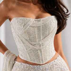 Robe de mariée sirène de luxe faite à la main avec corsage en perles et cristaux – Ensemble de reçu de mariage personnalisé avec lehenga - Product Image 2