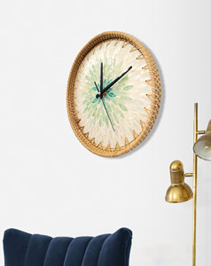 Vietnam Handmade 12 Inch Wall <b>Clock</b> Rustic Cottagecore Rattan Shell Design Minimalist Modern Green <b>White</b> Home Decor Supplier - Product Image 3