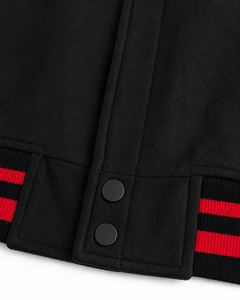 Veste varsity noire pour homme SINEWY, manches en cuir PU, couleur unie, col rabattu, vêtement décontracté pour l'automne - Product Image 5