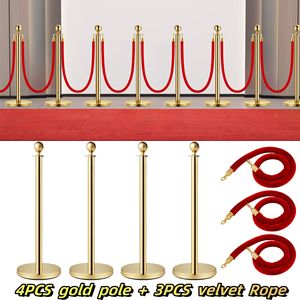 Set di 7 Pali Distanziatori in Acciaio Inossidabile Dorato, 4 Pali da 37 Pollici e 3 Corde Rosse da 5 Piedi con Puntale a Sfera per Teatri e Feste - Product Image 1
