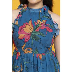 Vestido Largo Elegante con Estampado de Loto Azul, Diseño Único, Corte Holgado Informal, Disponible a Precio de Fábrica - Product Image 4