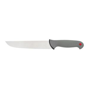 Cuchillos para cortar carne con mango gris, hoja plateada de filo recto, punta roja y protector de dedos contorneado para uso en cocina. - Product Image 1