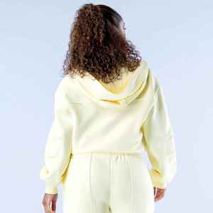 Sweat-shirt à capuche jaune clair pour femme, coupe régulière, en molleton, décontracté, en coton tricoté, couleur unie, avec poches - Product Image 4