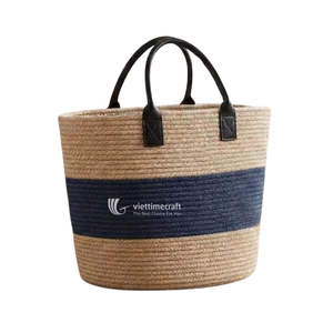 <b>Wicker</b> Handbag, Woven Tote <b>Bag</b> with Leather Handle, Durable Faux Rattan Shoulder <b>Bag</b> with Color Stripe Accent - Product Image 1
