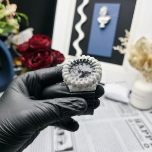 Luxury VVS Moissanite Analog Digital <b>Watch</b> Silver Round Case Rubber Band Round <b>Black</b> Dial Unisex - Product Image 5