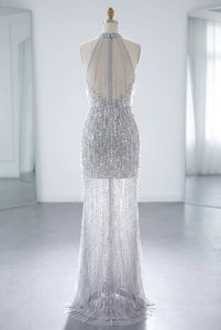 Elegante Vestido de Noche Formal con Mangas Tipo Capa, Cuello Alto, Adornado con Cuentas y Lentejuelas, para Eventos de Alfombra Roja, Ropa de Alta Calidad para Banquetes - Product Image 3