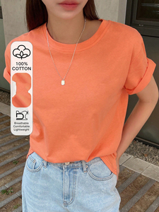 Premium Cotton Women's Shirts Custom Plain Solid Color Crew Neck Tee Custom Logo Print T-Shirt Soft Casual Spring Summer Top - Product Image 4