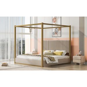 <b>King</b> Size Beige Upholstered Canopy <b>Platform</b> <b>Bed</b> with Headboard and Metal Frame - Product Image 4