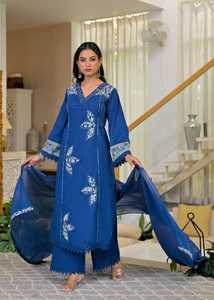 Ensemble Kurta d'été élégant en coton bleu royal premium 60x60 avec appliques brodées, pantalon et dupatta assortis pour femmes, vêtements ethniques - Product Image 2
