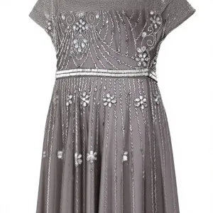 Robe longue de soirée en tulle gris de luxe, col en V, manches évasées, ornée de perles - Product Image 5