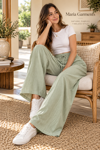 Fournisseur de vêtements en gros haut de gamme - Maria Garments - Ensemble décontracté d'été : T-shirt vert sauge et pantalon large en lin/coton élastique - Product Image 6