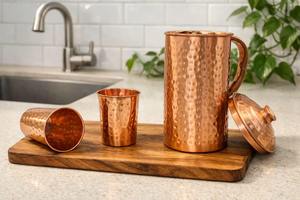 Carafe à eau en cuivre pur pour la santé, carafe à eau en cuivre pour la consommation, ensemble de carafes ayurvédiques en cuivre, pichet à eau en cuivre pour la santé, indien - Product Image 2