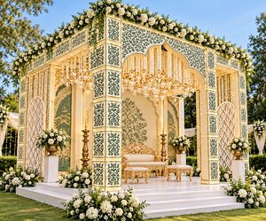 Mandap de mariage tendance inspiré du palais moghol, décoration de scène de mariage de luxe avec cadre doré et panneaux à motifs verts - Product Image 4