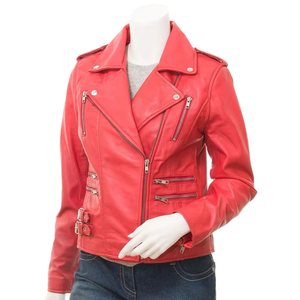 Red Leather Waterproof Thick Moto Jacket Women's Full Sleeve <b>Stand</b> Collar Zipper Closure Autumn Fashion Style Solid Color - Product Image 1