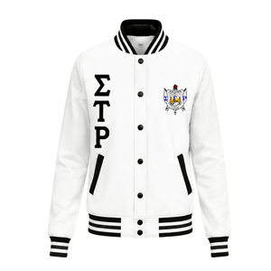 Custom <b>White</b> and Royal Blue Varsity Jacket with Striped Ribbed Collar Cuffs Hem Greek Letter Embroidery and Crest Logo Collegiat - Product Image 5